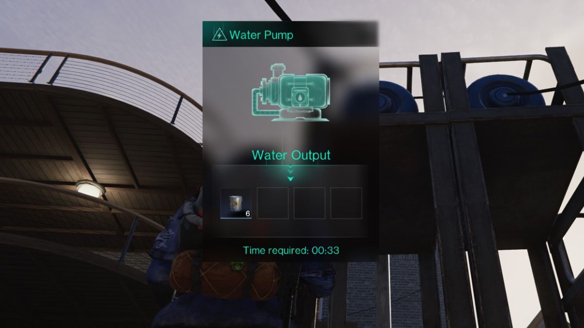 The water pump interface in Once Human showing that it's producing Crude Oil, a requirement for fuel production in Once Human.