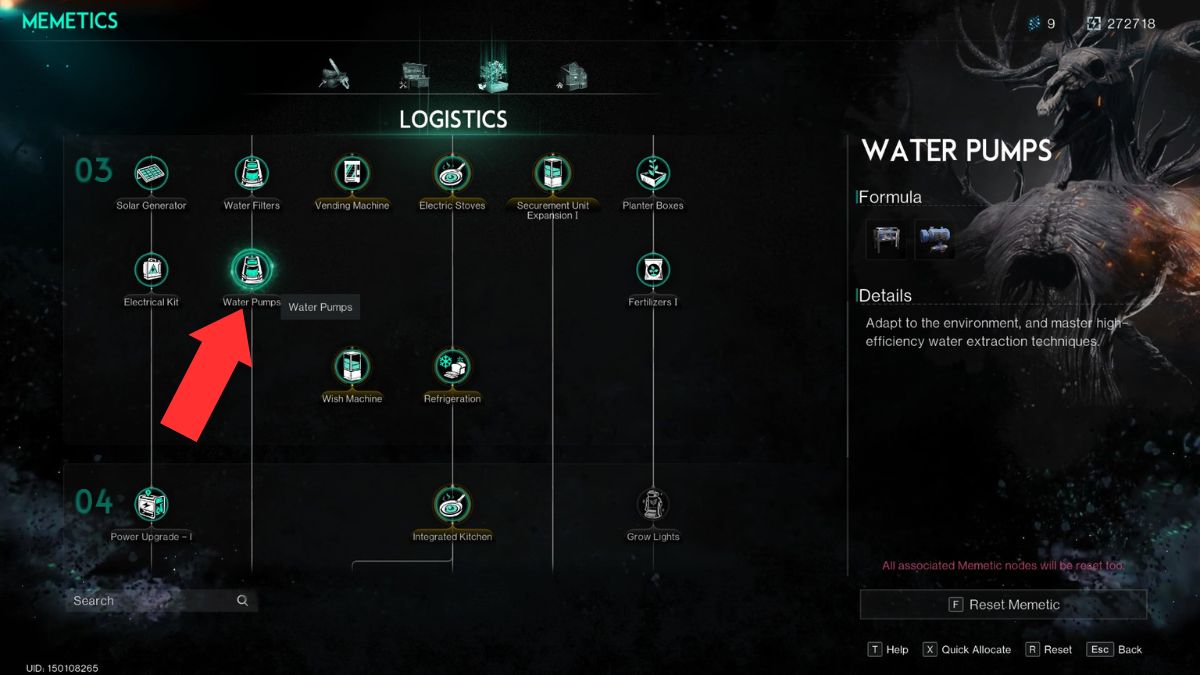 The Memetics Screen in Once Human with the water pump highlighted by an arrow, as it's required for fuel production.