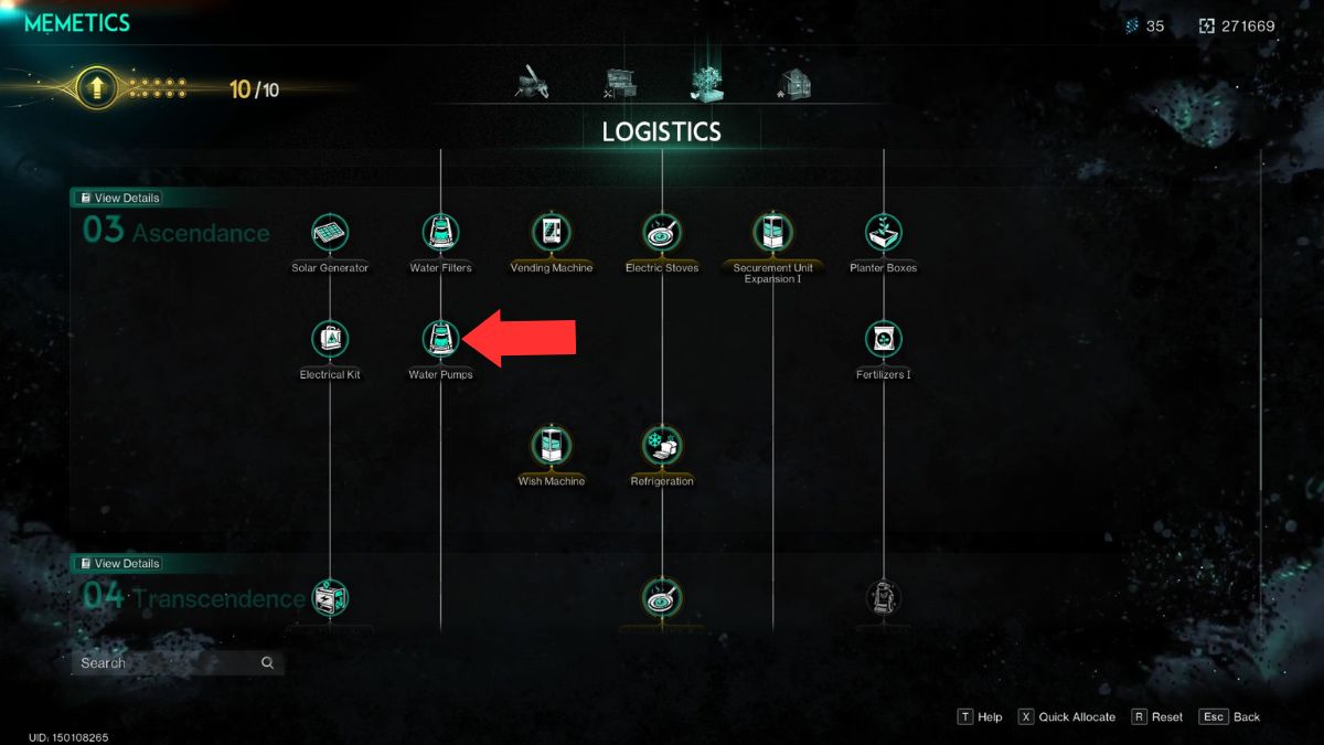 The Memetics Screen in Once Human with the water pump highlighted by an arrow for Acid farming. 