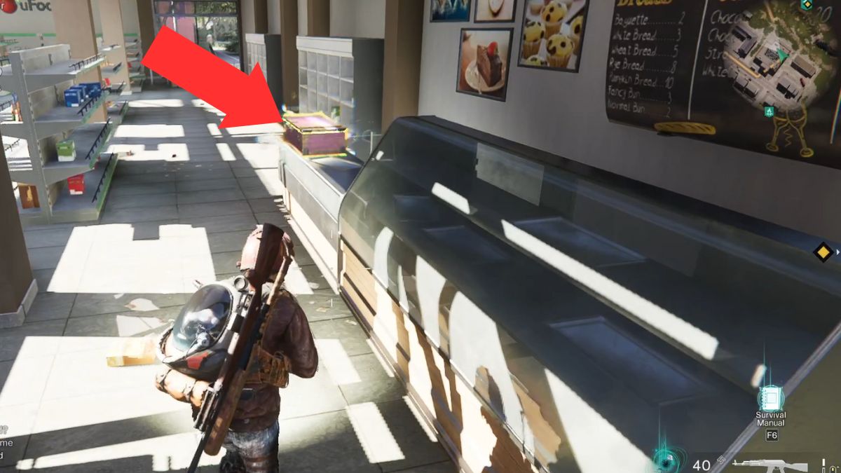 An arrow points out the location of the weapons crate in the supermarket at Highland in Once Human.