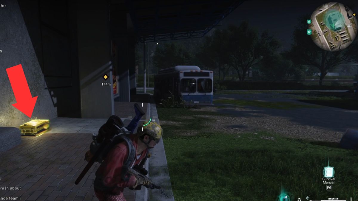 An arrow highlighting the location of the weapon crate behind a large building at East Blackfell Junction in Once Human.