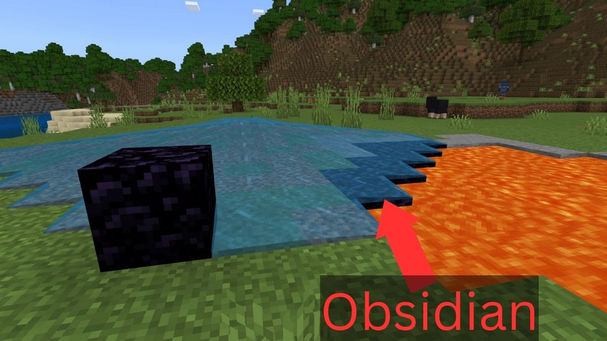 Water next to lava, making Obsidian in Minecraft.