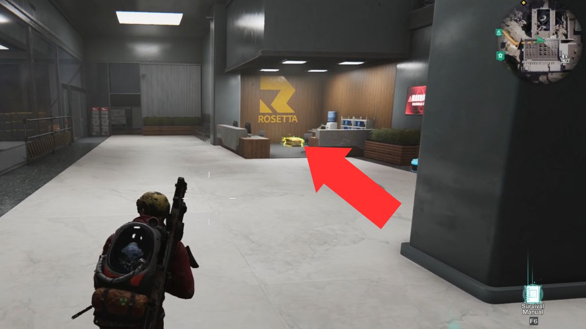 The first weapon crate at the Mirage Monolith Danger Zone in Once Human, highlighted by an arrow and behind a reception desk.