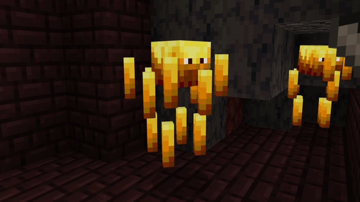 A Blaze enemy inside of a fortress in the Nether in Minecraft. 
