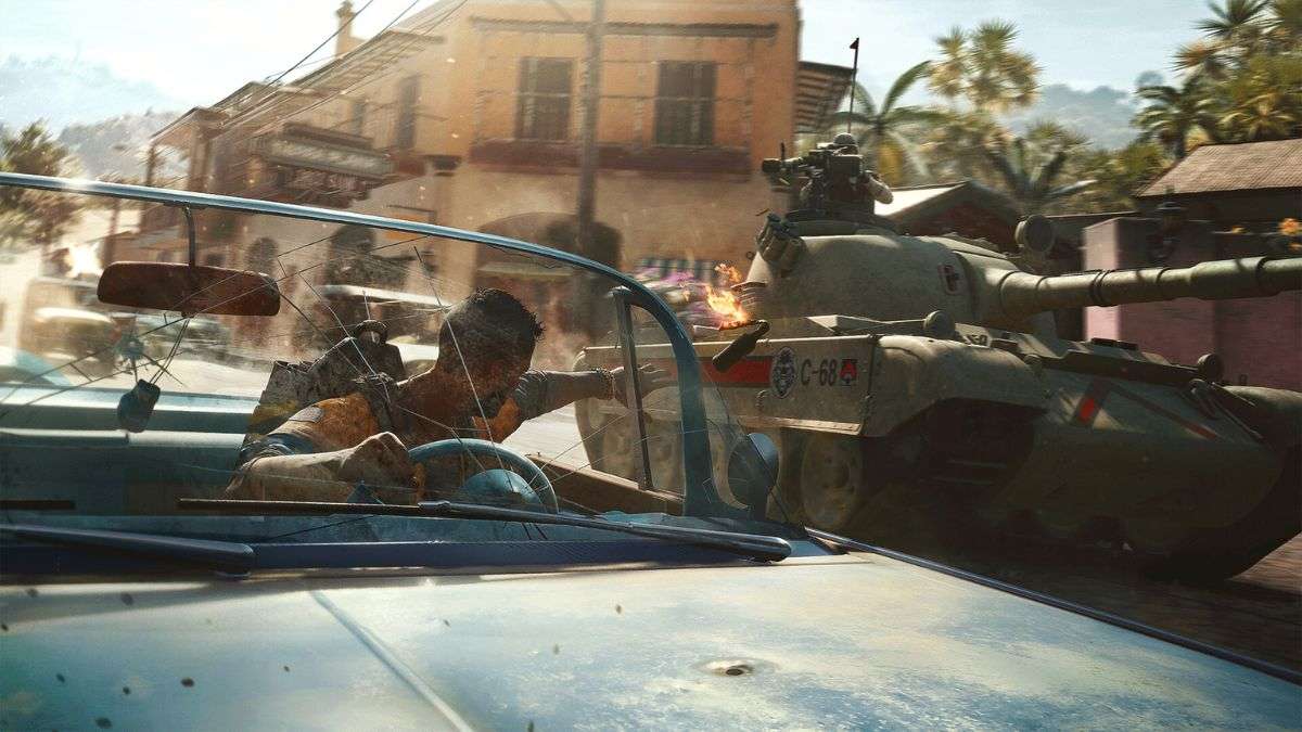 A character shoots at a tank from a convertible in Far Cry 6.