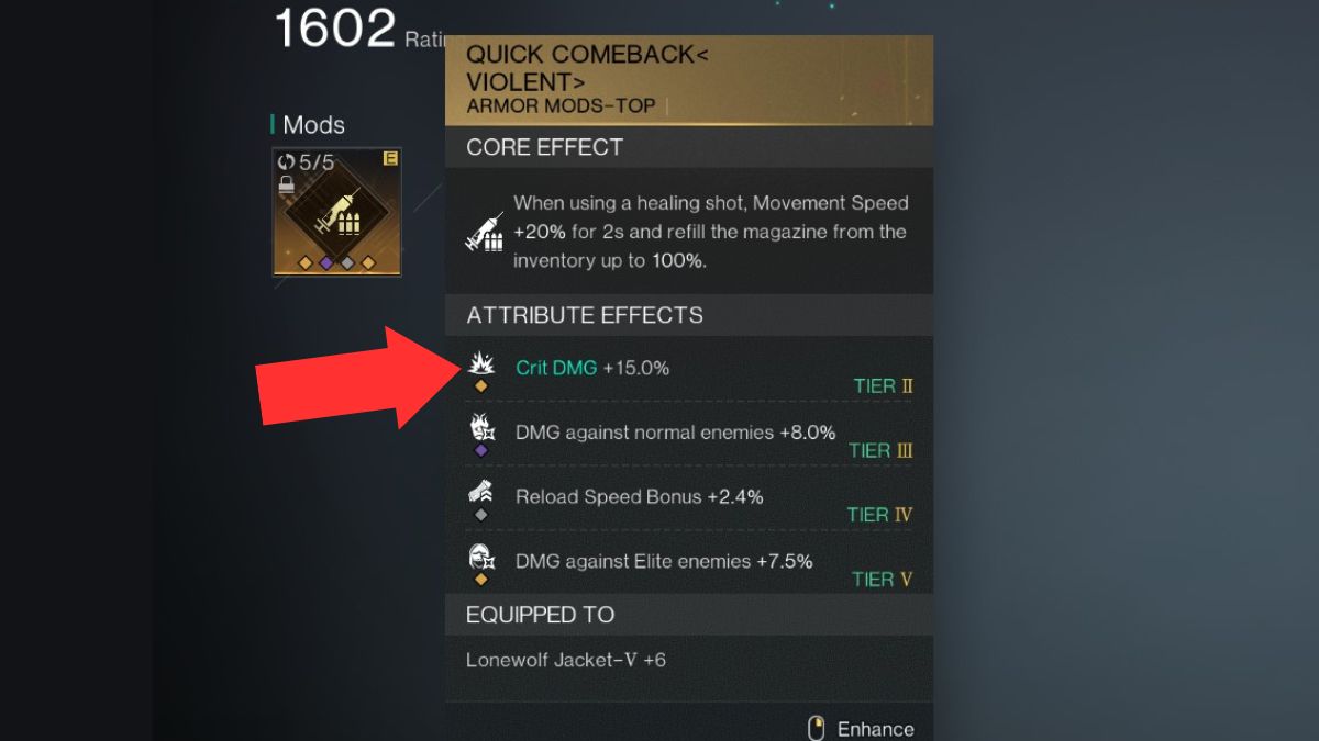 A chest mod in Once Human with its stats visible, used for the Shrapnel build.