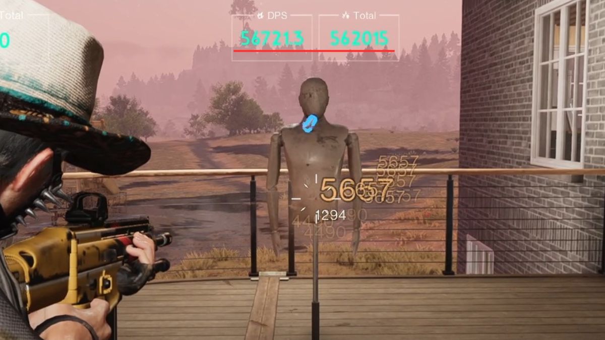A player using the Shrapnel Build in Once Human doing a DPS test on a dummy and reaching 56200.