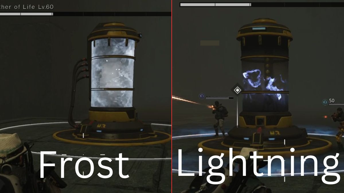 The frost and lightning tanks in LEA Labs side-by-side, to help players understand the individual difference between them in Once Human.