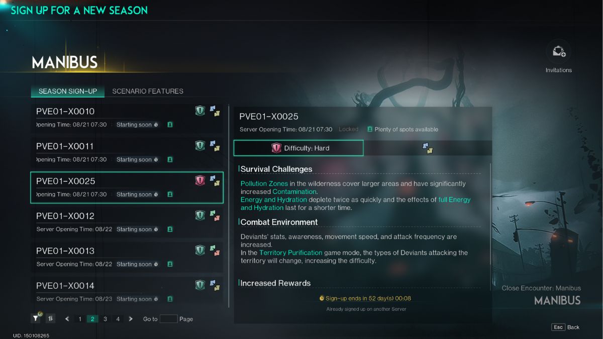 A hard mode server in the Server Selection Screen in Once Human.
