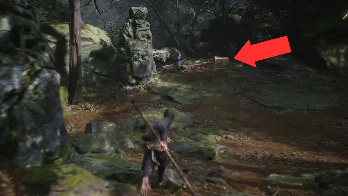 An arrow highlights the location of a chest at the start of the Forest of Wolves in Black Myth: Wukong