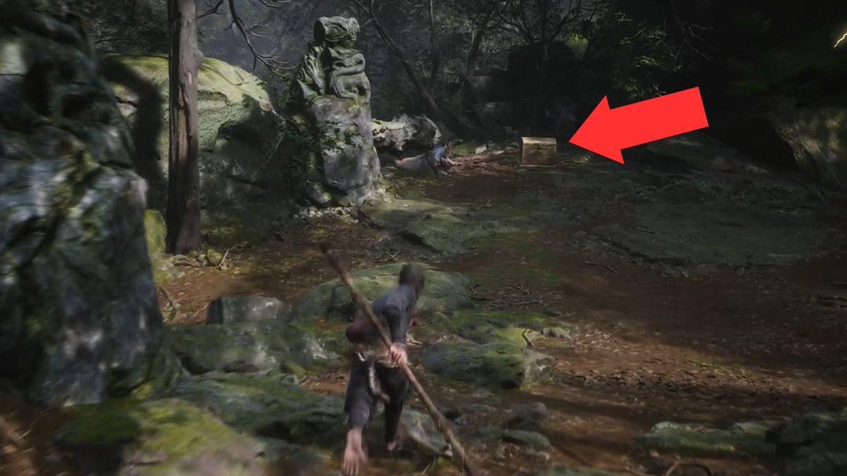 An arrow highlights the location of a chest at the start of the Forest of Wolves in Black Myth: Wukong