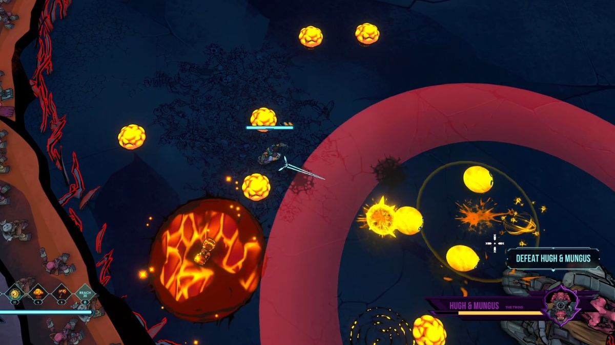 A player avoids the shockwave attack by Hugh & Mungus during the boss fight in Defenders of the Omniverse. 