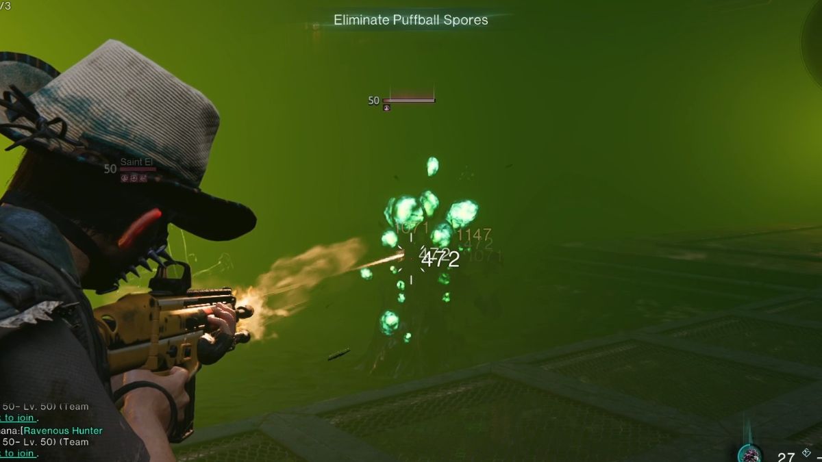 A player destroys puffball spores in green mist while fighting the boss at Securement Silo Theta in Once Human.