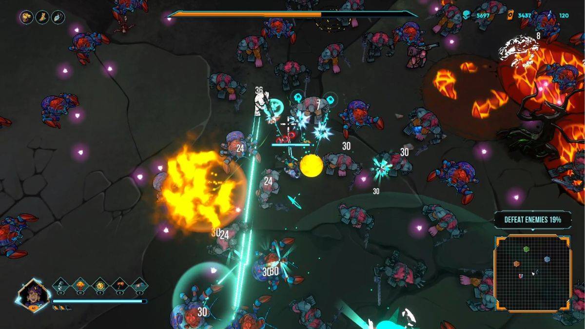 A player fights a horde of enemies in the late game in Defenders of the Omniverse.