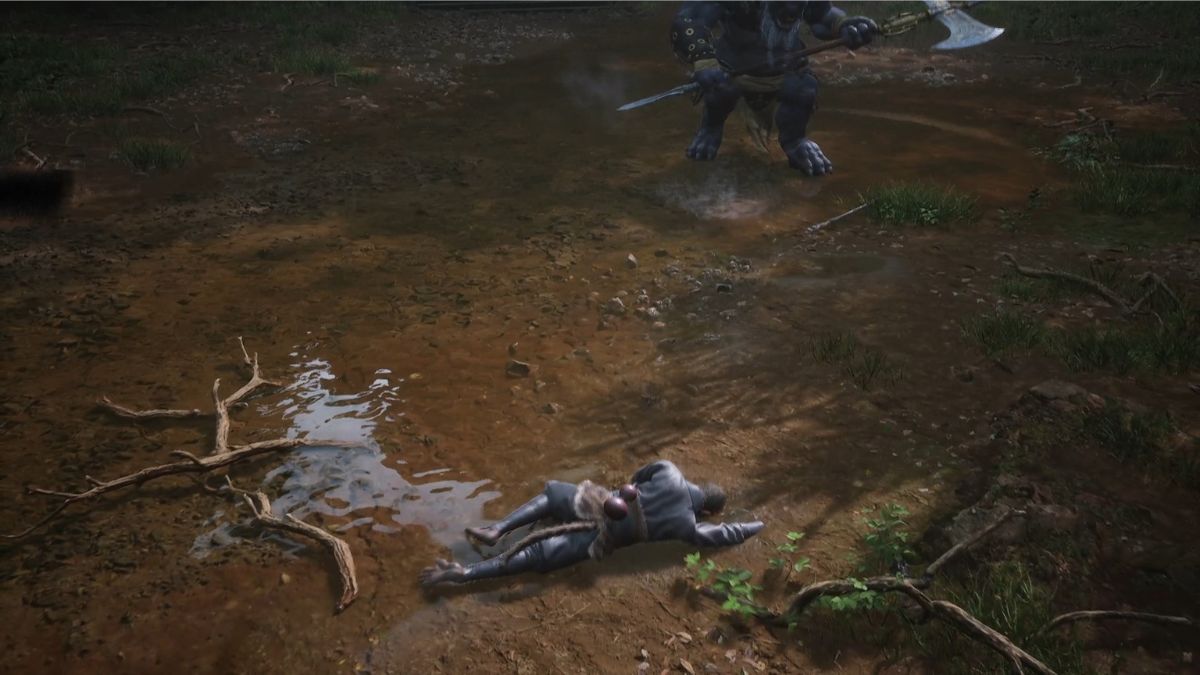 A player lies on the ground, defeated by the first boss in the Forest of Wolves in Black Myth: Wukong.