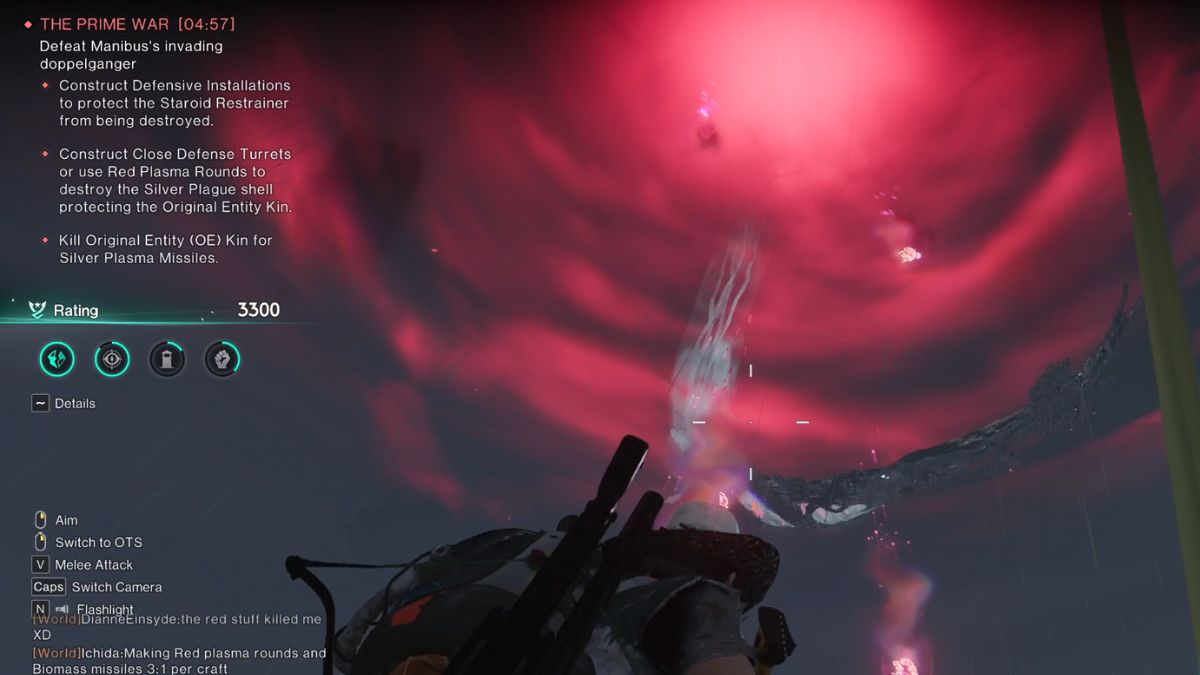 A Player participating in the prime war event in Once Human looks up at the Manibus in the sky as players battle the bosses.