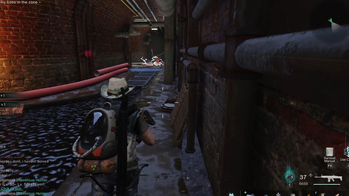 Player running towards enemies in a sewer in Securement Silo Theta.