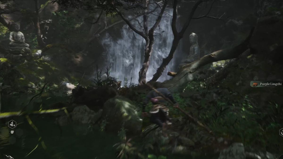 A player runs towards a waterfall in the Forest of Wolves in Black Myth: Wukong.