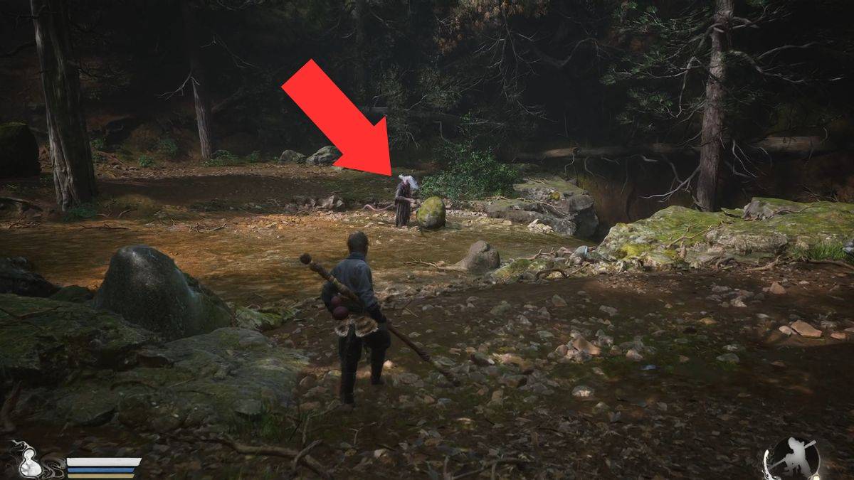 An arrow highlights the spot where the player can find a key item in the Forest of Wolves in Black Myth: Wukong.