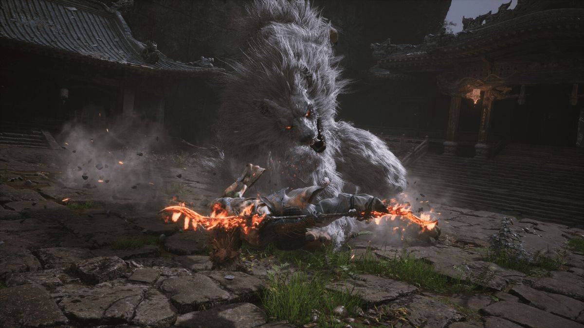 A wolf enemy attacks the player in Black Myth: Wukong's cover art.