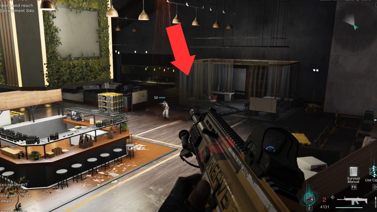 A large room full of enemies in Securement Silo Psi, with the entrance to the next area marked by an arrow in Once Human.