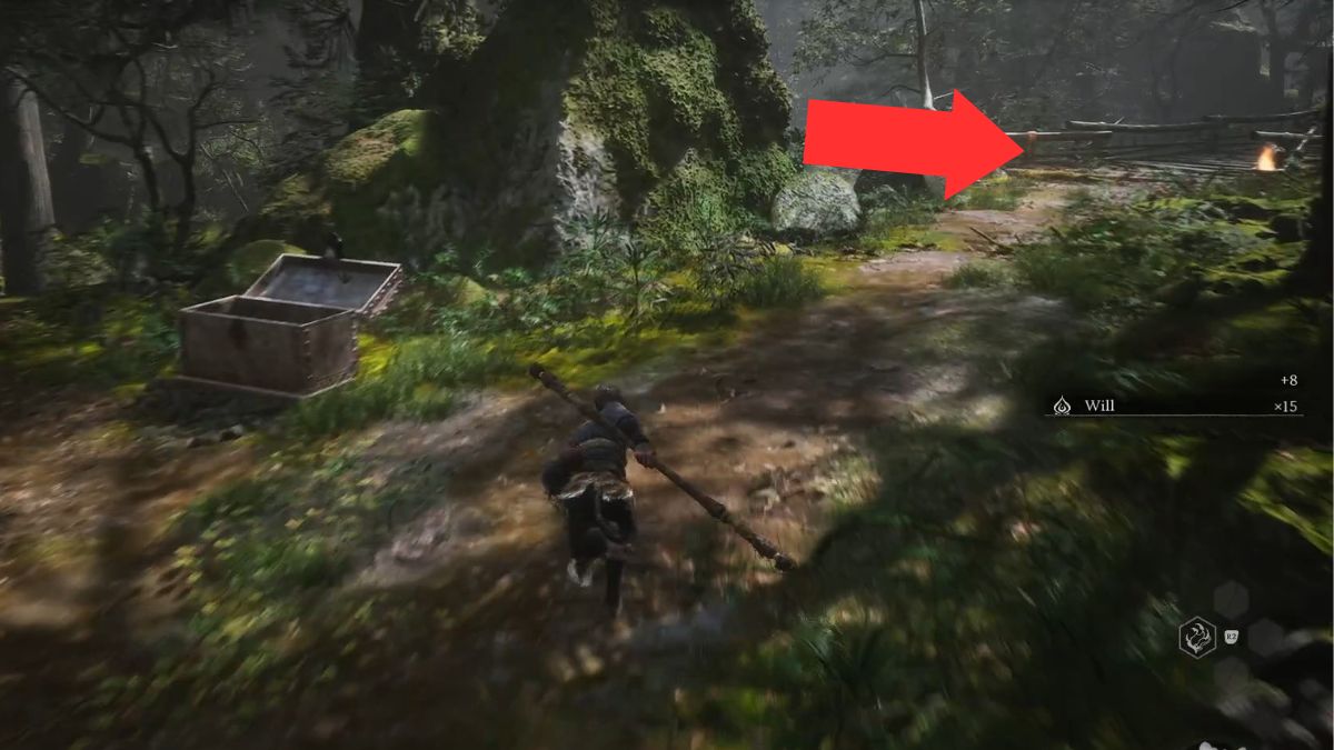 An arrow shows the bridge that a player must cross to fight a ranged enemy in The Forest of Wolves. 