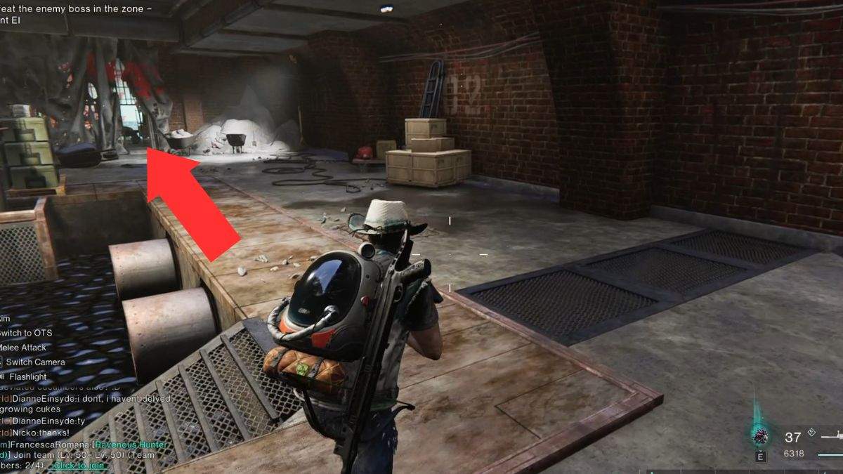 The door that leads to the secret boss in Securement Silo Theta in Once Human, marked by an arrow.