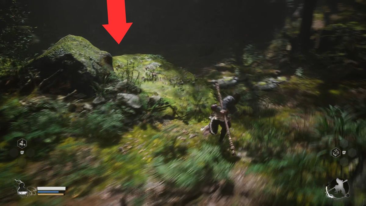 An arrow points out the location of a Jade Lotus which the player can harvest in the Forest of Wolves in Black Myth: Wukong. 