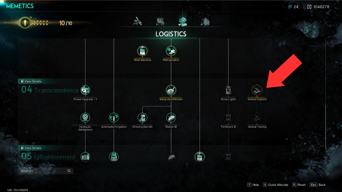 Animal taming memetics highlighted by an arrow in the memetics menu in Once Human.
