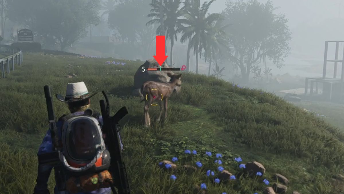 The notch on the animal's health bar used for taming in Once Human, highlighted by an arrow. 