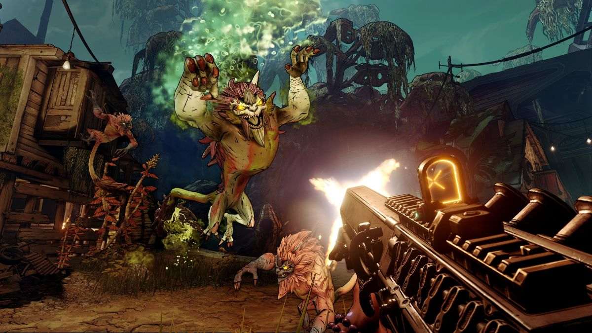 A Borderlands 3 character attacks a monster with a ranged weapon. 