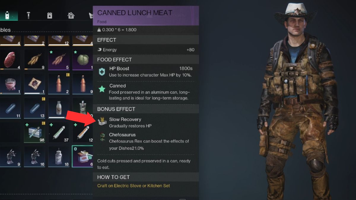 Canned Lunchmeat in the player inventory in Once Human, crafted with goat meat for the Arachsiam boss fight. 