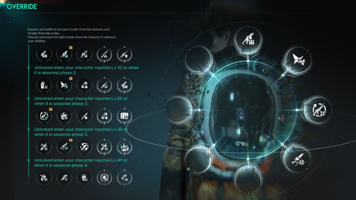 The essential Cradle Override options selected in Once Human for the Shrapnel build.