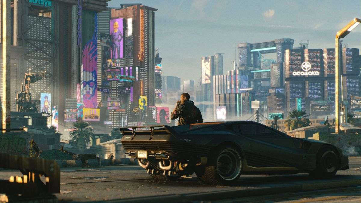 A Character stands by his car in the city in Cyberpunk 2077