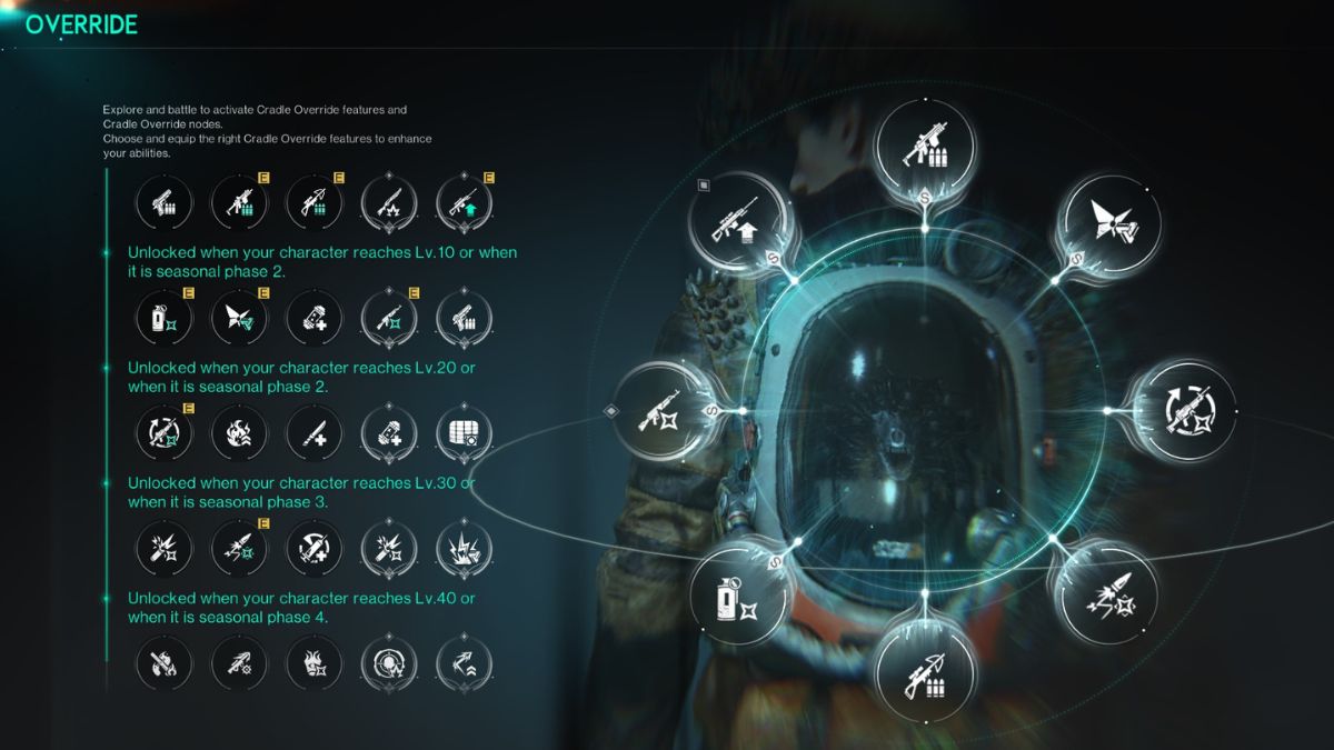 The comprehensive Cradle Override options selected in Once Human for the Shrapnel build in season 2.