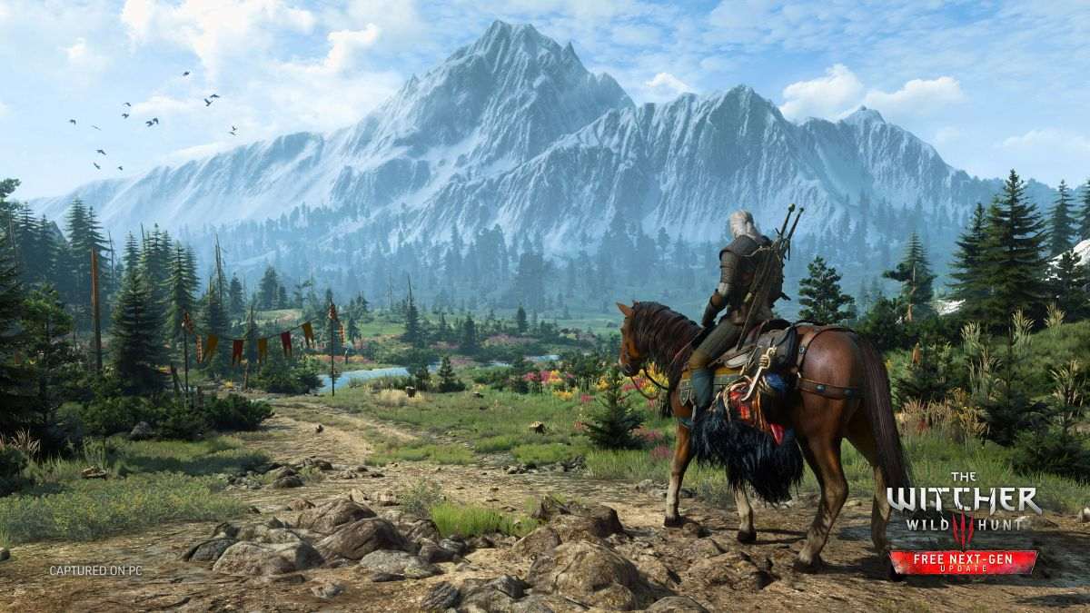 Geralt of Rivea walking his horse down a road with a mountain in the background in The Witcher 3: Wild Hunt.