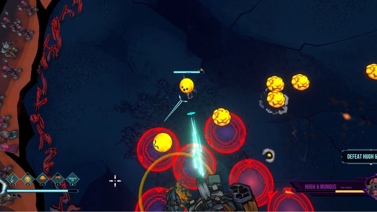 A player avoids the artillery attack by Hugh & Mungus during the boss fight in Defenders of the Omniverse. 