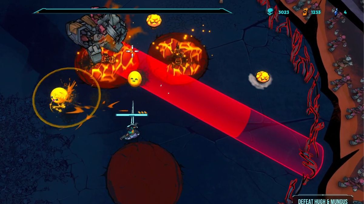 Hugh & Mungus prepares his charge attack as the player aims to avoid it during the boss fight in Defenders of the Omniverse. 