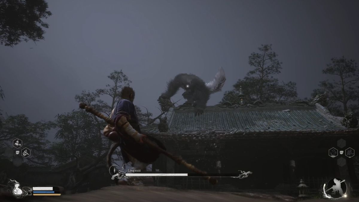 The Lingxuzi boss on t he roof of a building during a battle with the player.