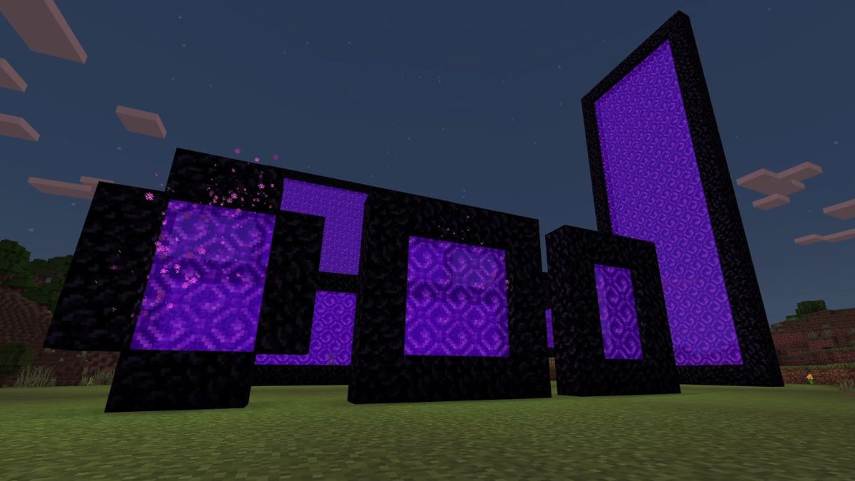 A host of different portals in Minecraft that a player can make, laid out against the night sky.