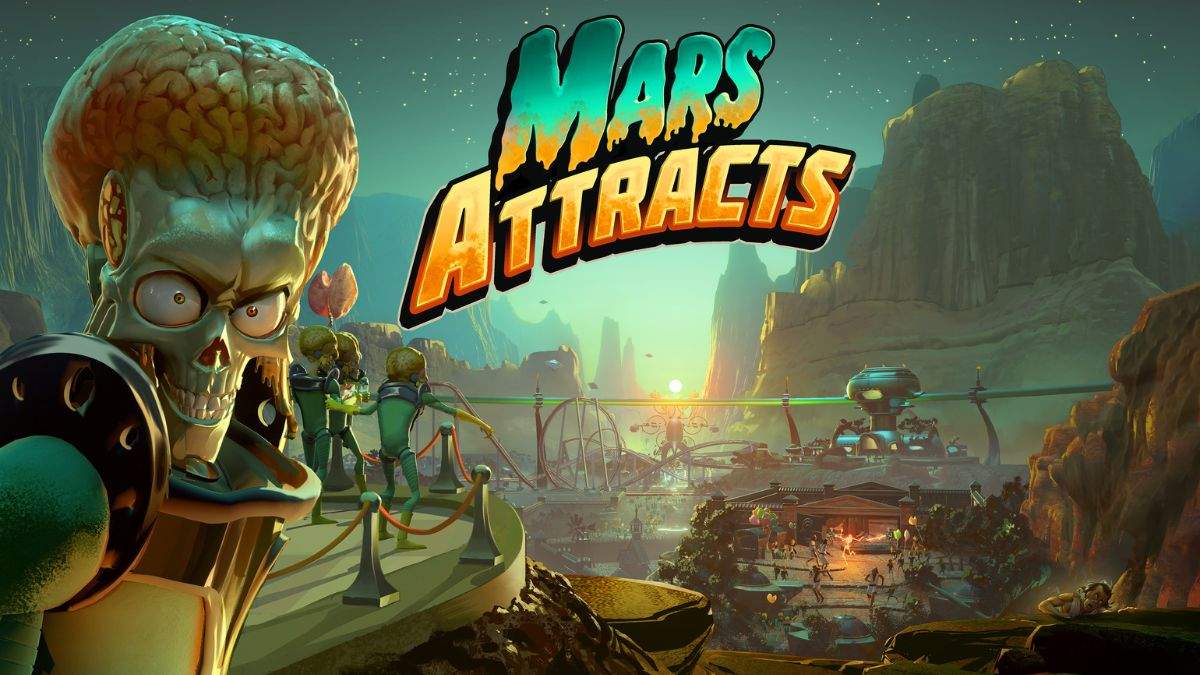 Mars Attracts key art with the game name on display and an alien looking back at the viewer with a wicked grin on his face.