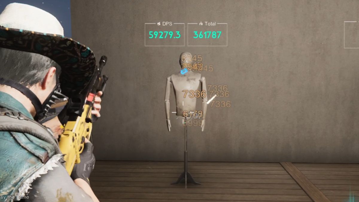 A player tests the Shrapnel Build with the Obliterate mod on a test dummy in Once Human.