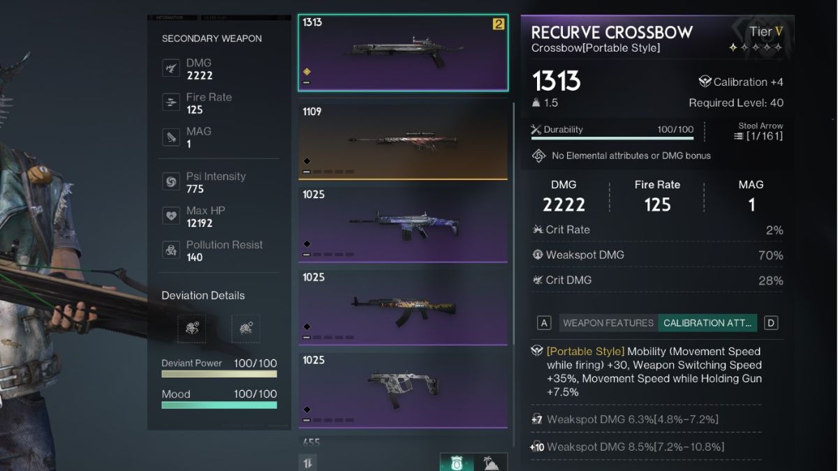 The player weapon screen with the Recurve Crossbow selected and its stats visible.