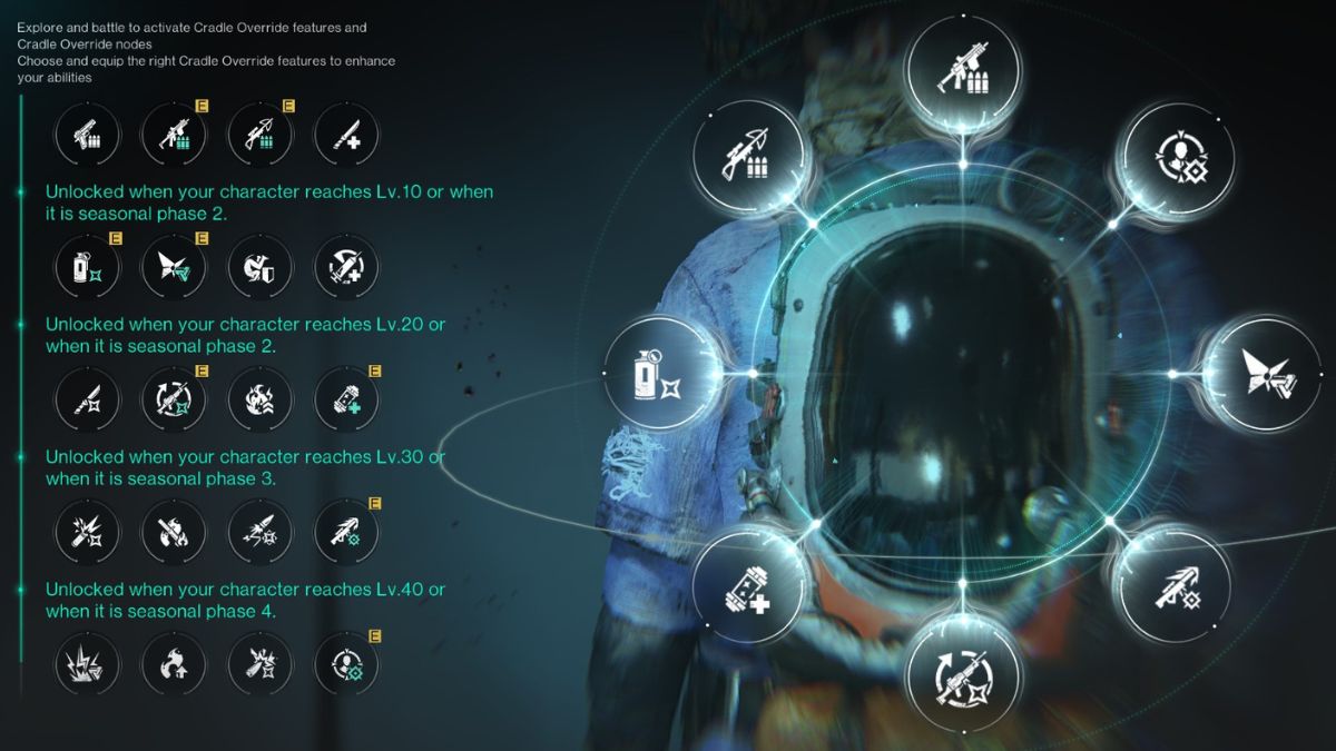 A player's cradle override screen in Once Human, showing the best cradle setup for the Fast Gunner build.