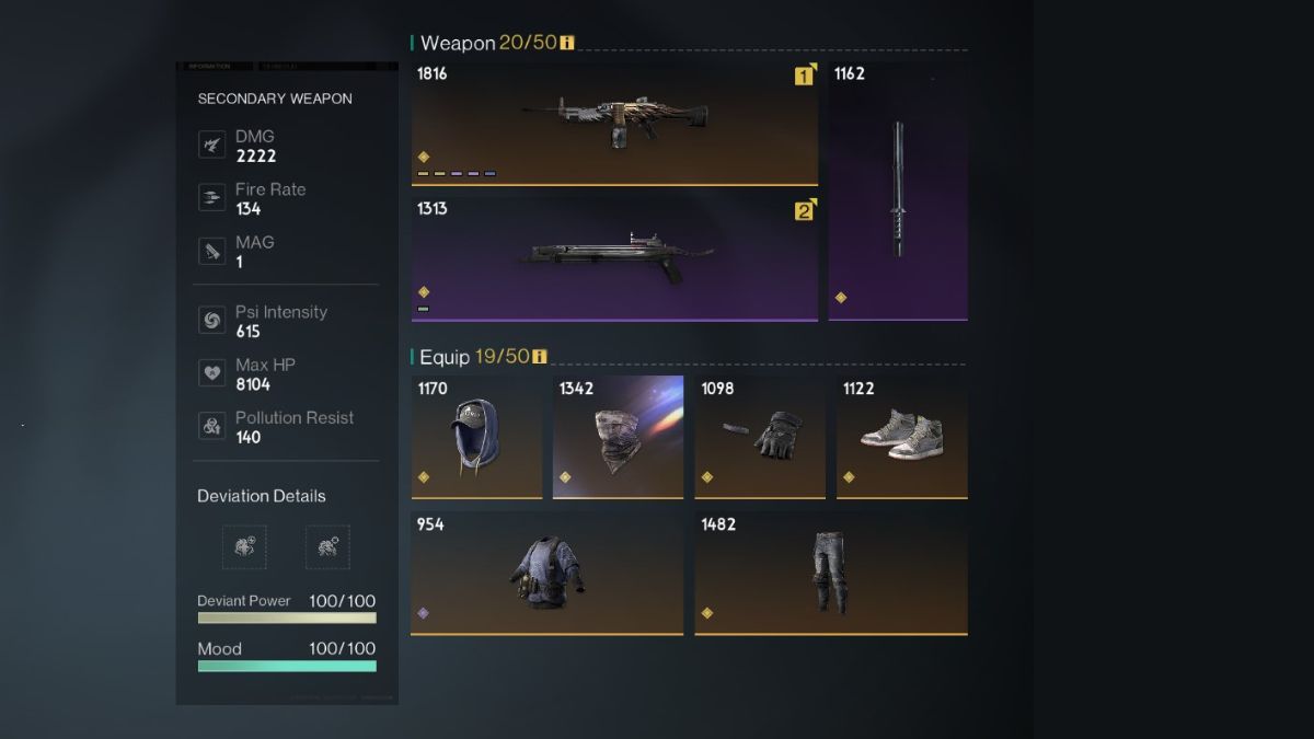 A player's gear screen, showing the best gear set to use for the fast gunner build. 