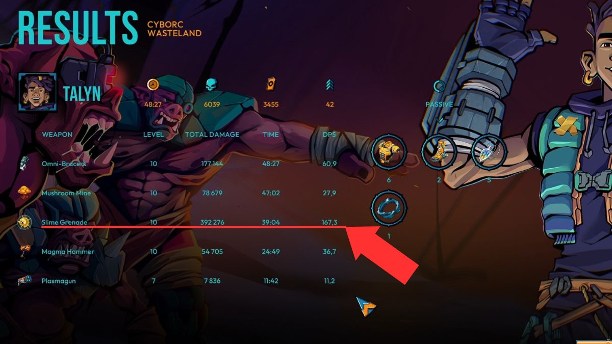 The post-run screen showing how much damage each weapon has done during a run in Defenders of the Omniverse.