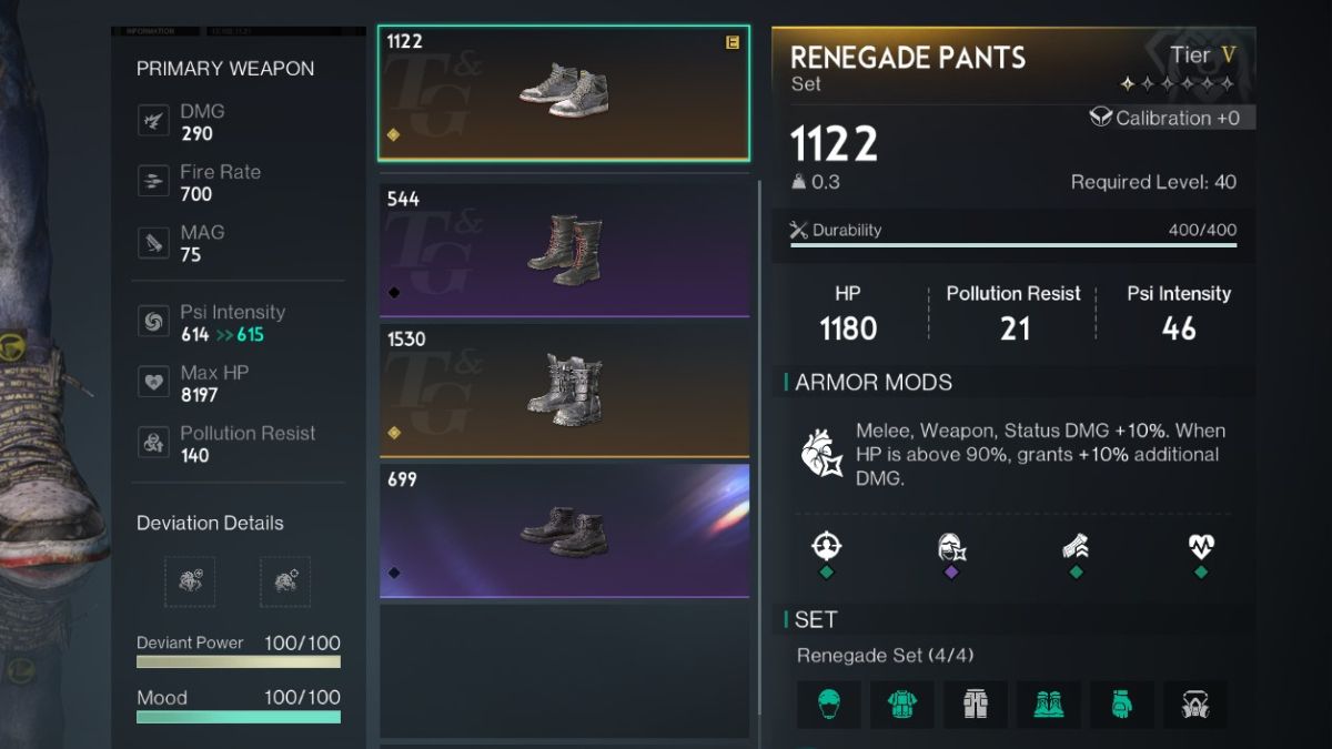 Renegade shoes in a player's inventory, though they are misspelled as Renegade pants.