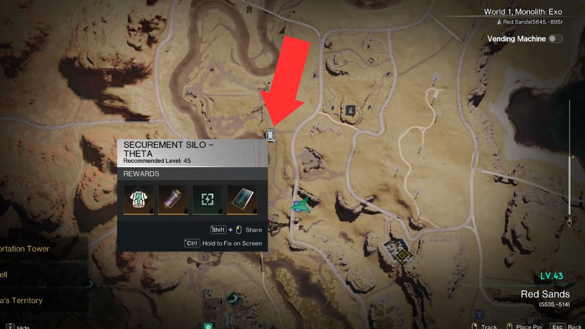Securement Silo Theta location displayed on a map and marked with an arrow in Once Human.