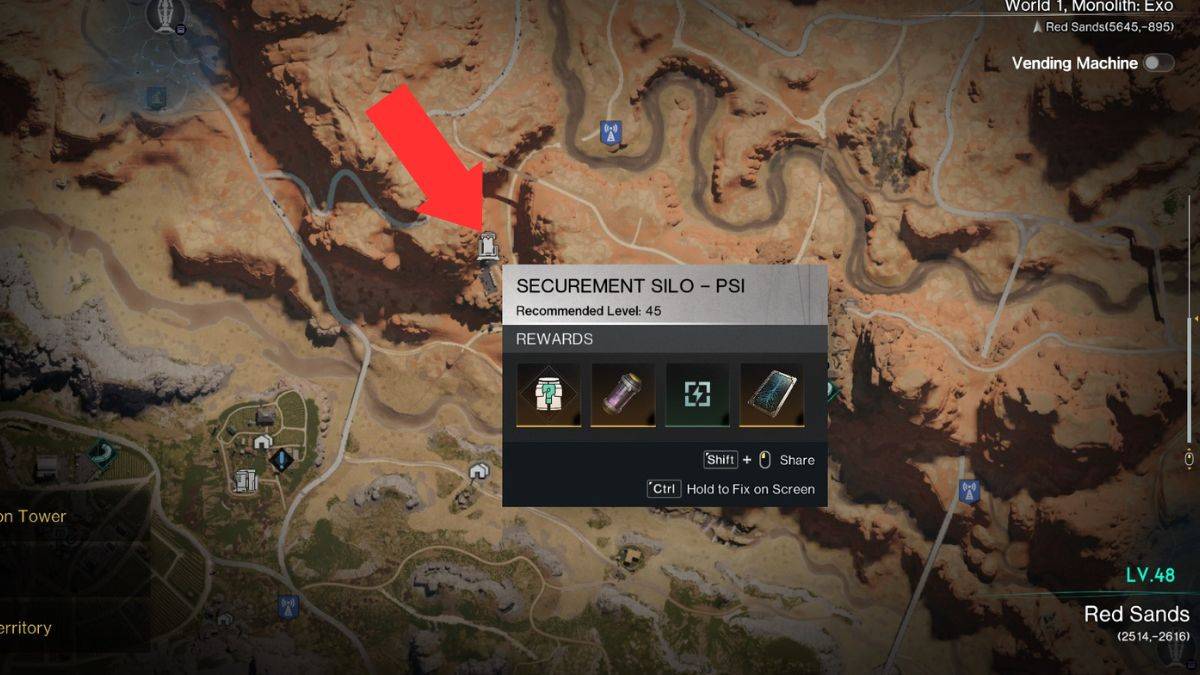 The location of Securement silo PSI marked on a map with an arrow in Once Human. 