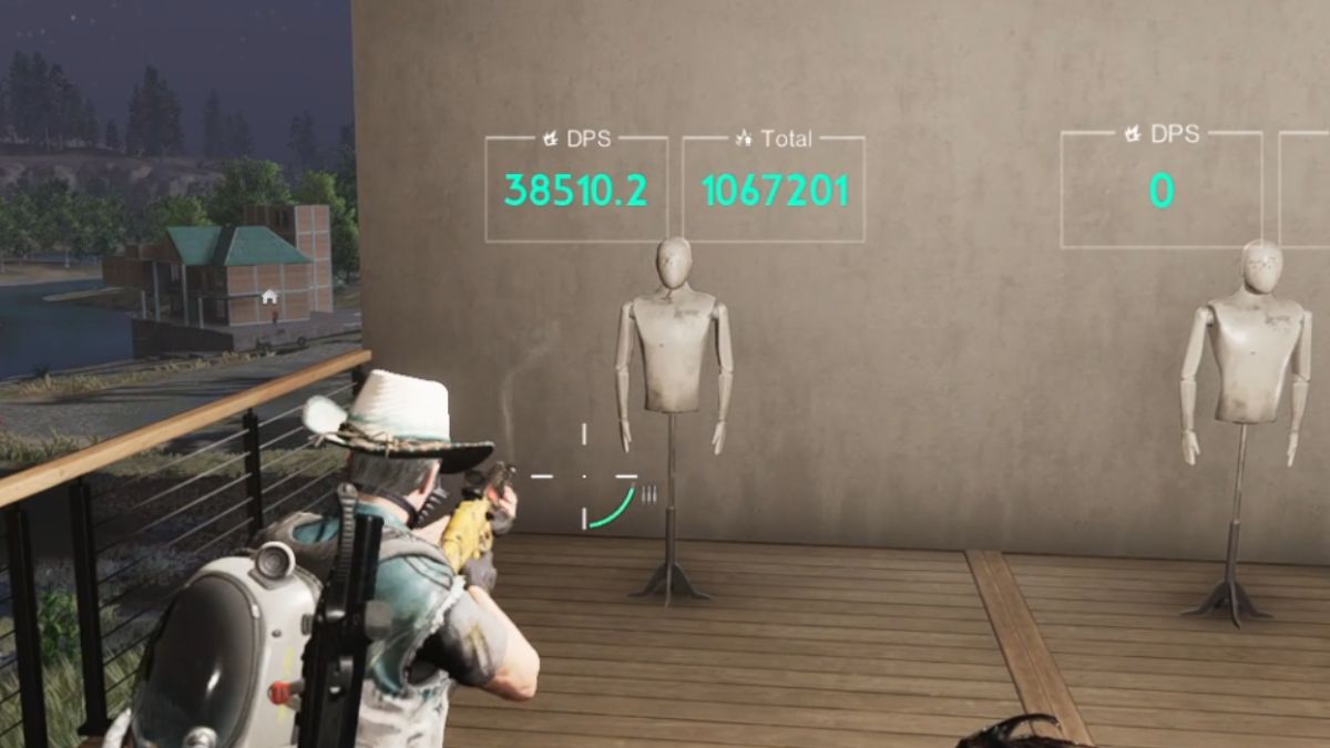 A player tests damage on a test dummy, using the Shrapnel Souvenir build with Shrapnel Carnage.